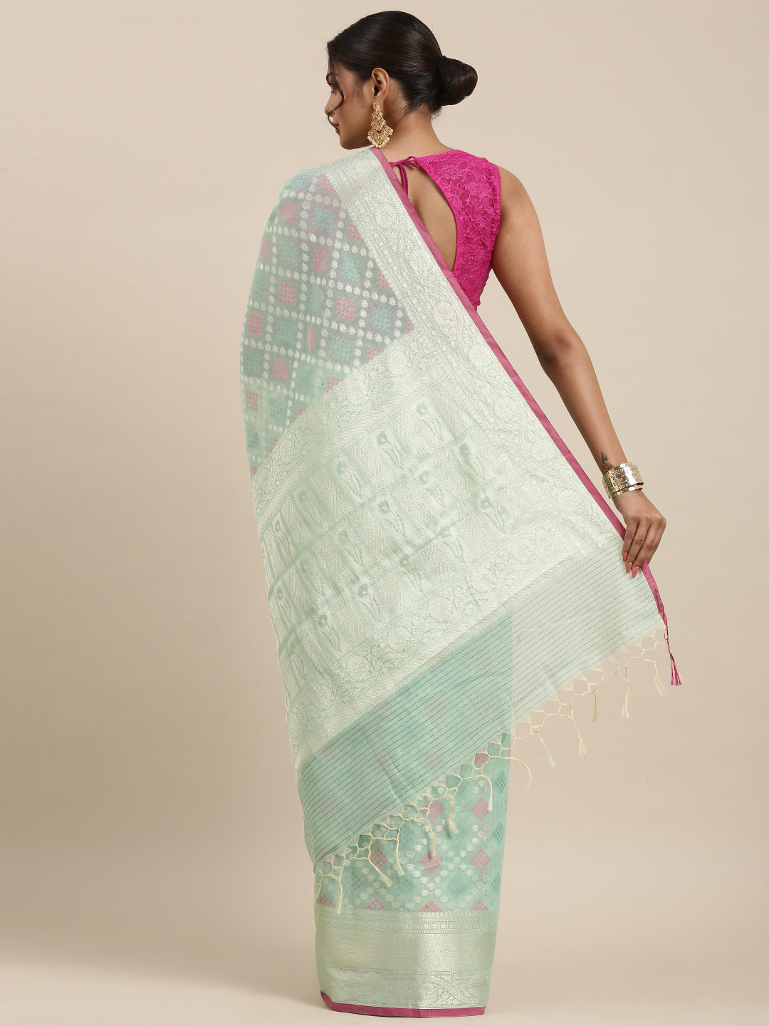 Faishana Presents Handwoven Seagreen Masrise Cotton Tilfi Jaal Skirt Border With Seagreen Blouse Banarasi Saree