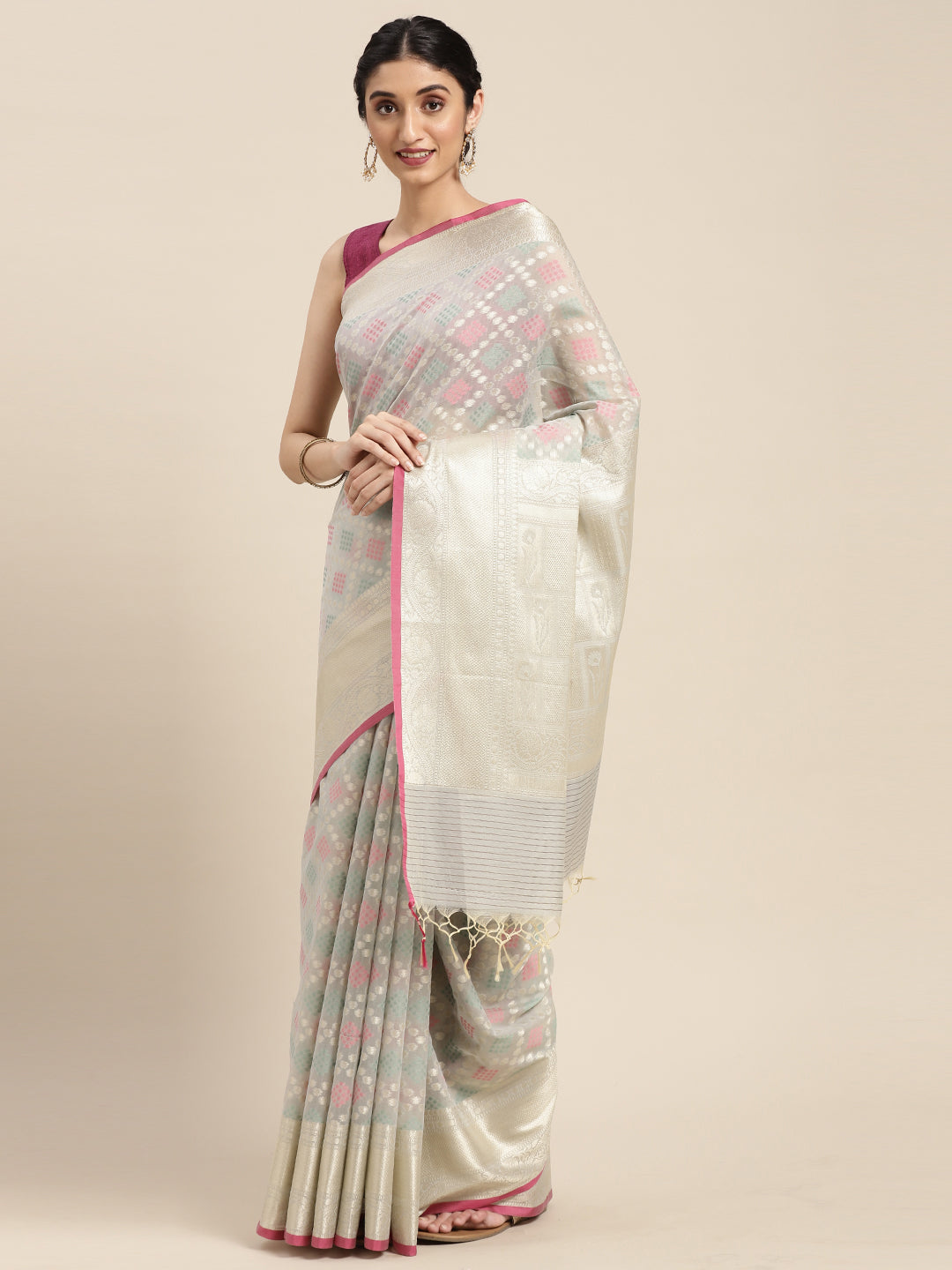 Faishana Presents Handwoven Grey Masrise Cotton Tilfi Jaal Skirt Border With Grey Blouse Banarasi Saree