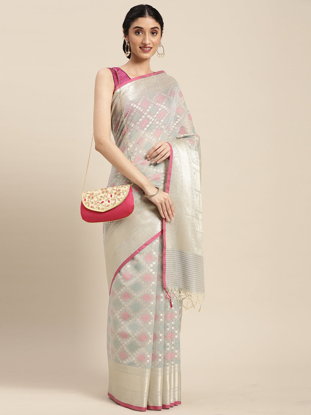 Faishana Presents Handwoven Grey Masrise Cotton Tilfi Jaal Skirt Border With Grey Blouse Banarasi Saree