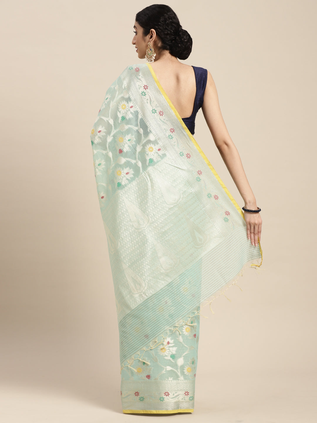 Faishana Presents Handwoven Seagreen Masrise Cotton Tilfi Jaal Skirt Border With Seagreen Blouse Banarasi Saree