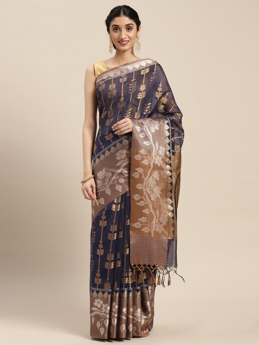 Faishana Presents Handwoven Blue Masrise Cotton Strip Jaal Skirt Border With Cheeku Color Blouse Banarasi Saree