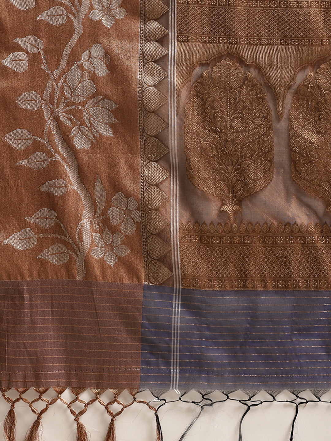 Faishana Presents Handwoven Blue Masrise Cotton Strip Jaal Skirt Border With Cheeku Color Blouse Banarasi Saree