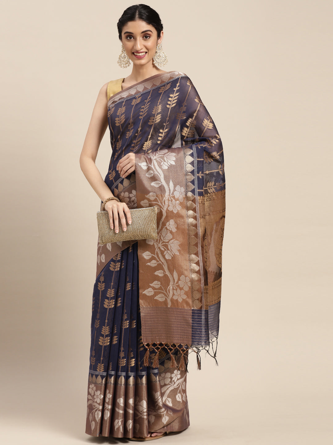 Faishana Presents Handwoven Blue Masrise Cotton Strip Jaal Skirt Border With Cheeku Color Blouse Banarasi Saree
