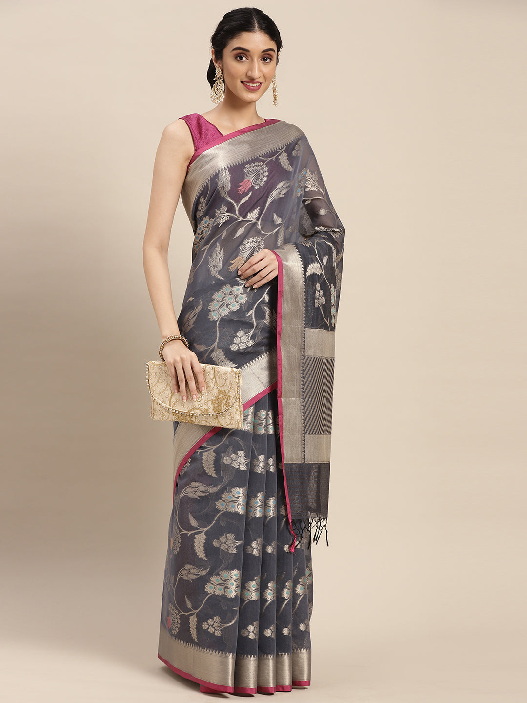Faishana Presents Handwoven Grey Masrise Cotton Tilfi Jaal Zari Border With Magenta Blouse Banarasi Saree