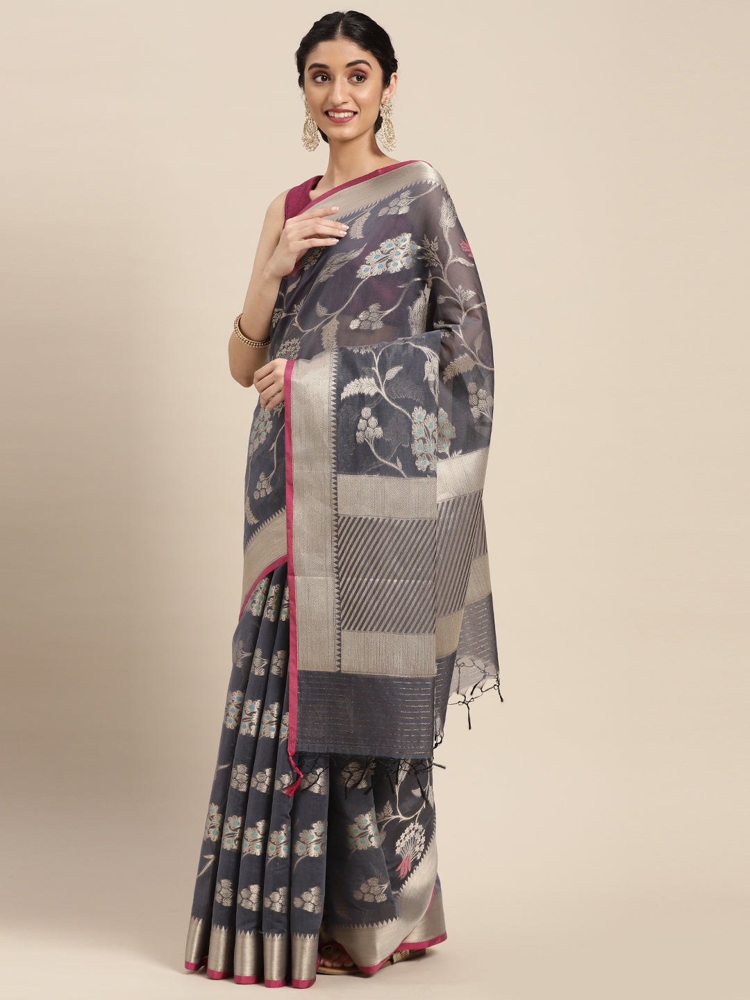 Faishana Presents Handwoven Grey Masrise Cotton Tilfi Jaal Zari Border With Magenta Blouse Banarasi Saree