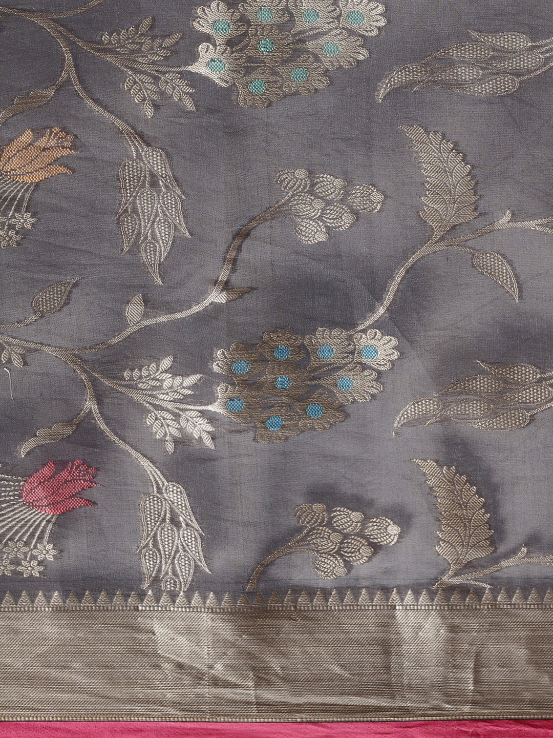 Faishana Presents Handwoven Grey Masrise Cotton Tilfi Jaal Zari Border With Magenta Blouse Banarasi Saree