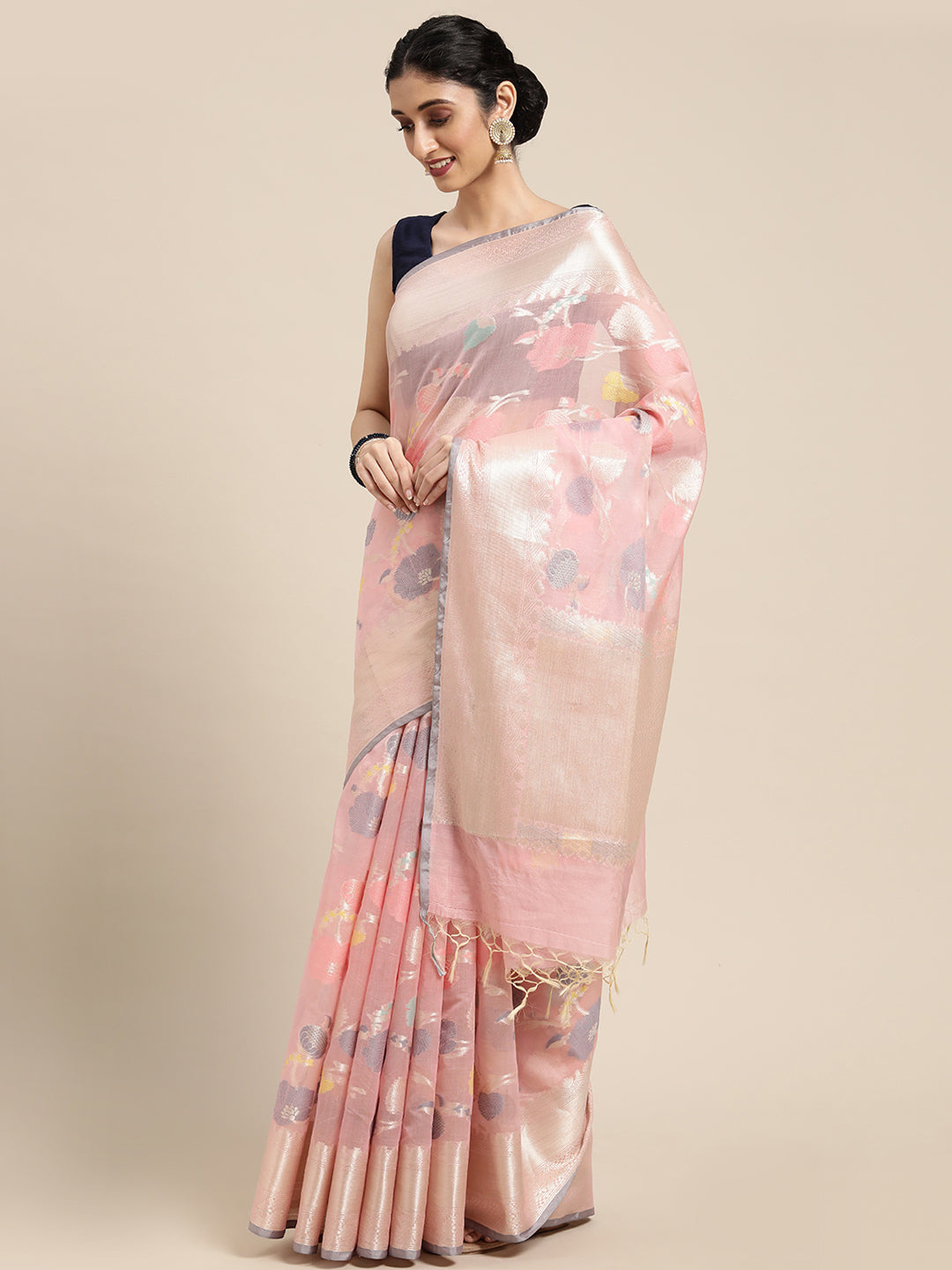 Faishana Presents Handwoven Pink Masrise Cotton Tilfi Jaal Zari Border With Pink Blouse Banarasi Saree