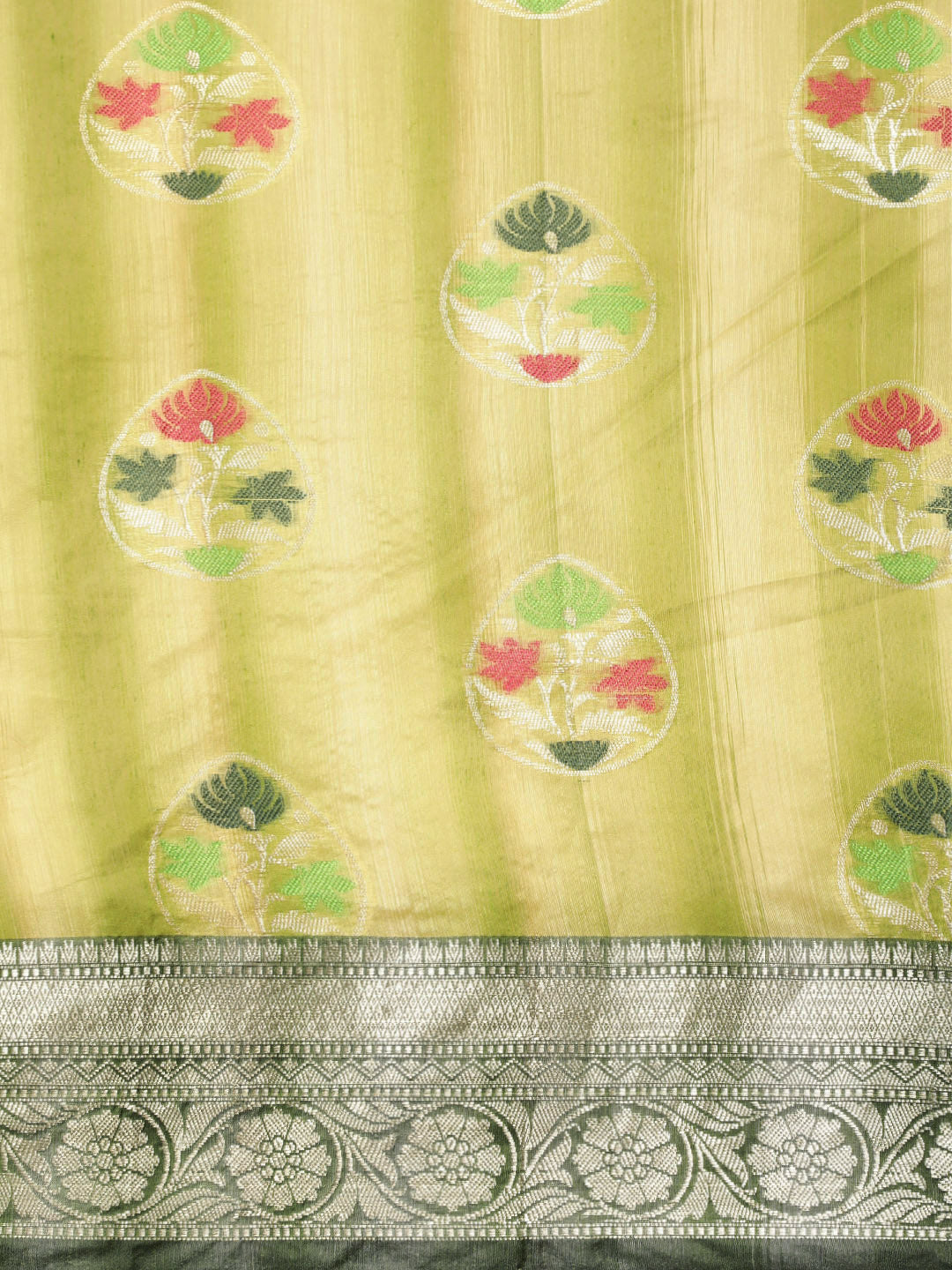 Faishana Presents Handwoven Pistachio Matka Silk Tilfi Boota Zari Border With Mehndi Green Blouse Banarasi Saree