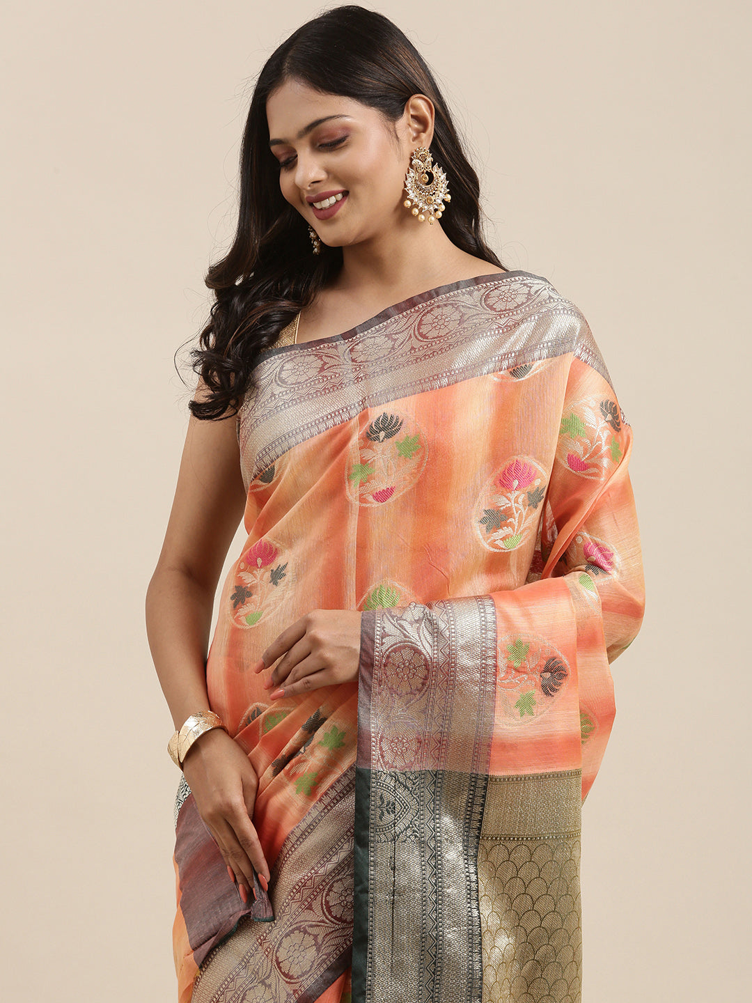 Faishana Presents Handwoven Peach Matka Silk Tilfi Boota Zari Border With Mehndi Green Blouse Banarasi Saree