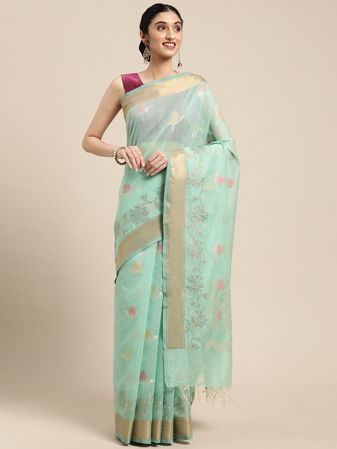 Faishana Presents Seagreen Masrise Cotton Tilfi Boota Alfi Skirt Border Banarasi Saree With Sea green Blouse Banarasi Saree