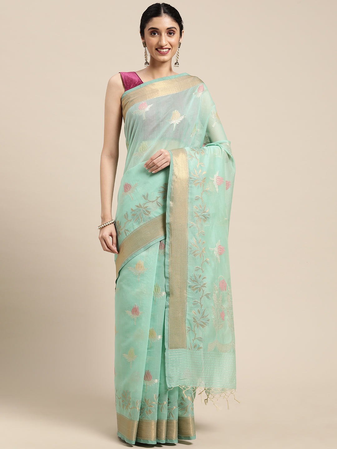 Faishana Presents Seagreen Masrise Cotton Tilfi Boota Alfi Skirt Border Banarasi Saree With Sea green Blouse Banarasi Saree