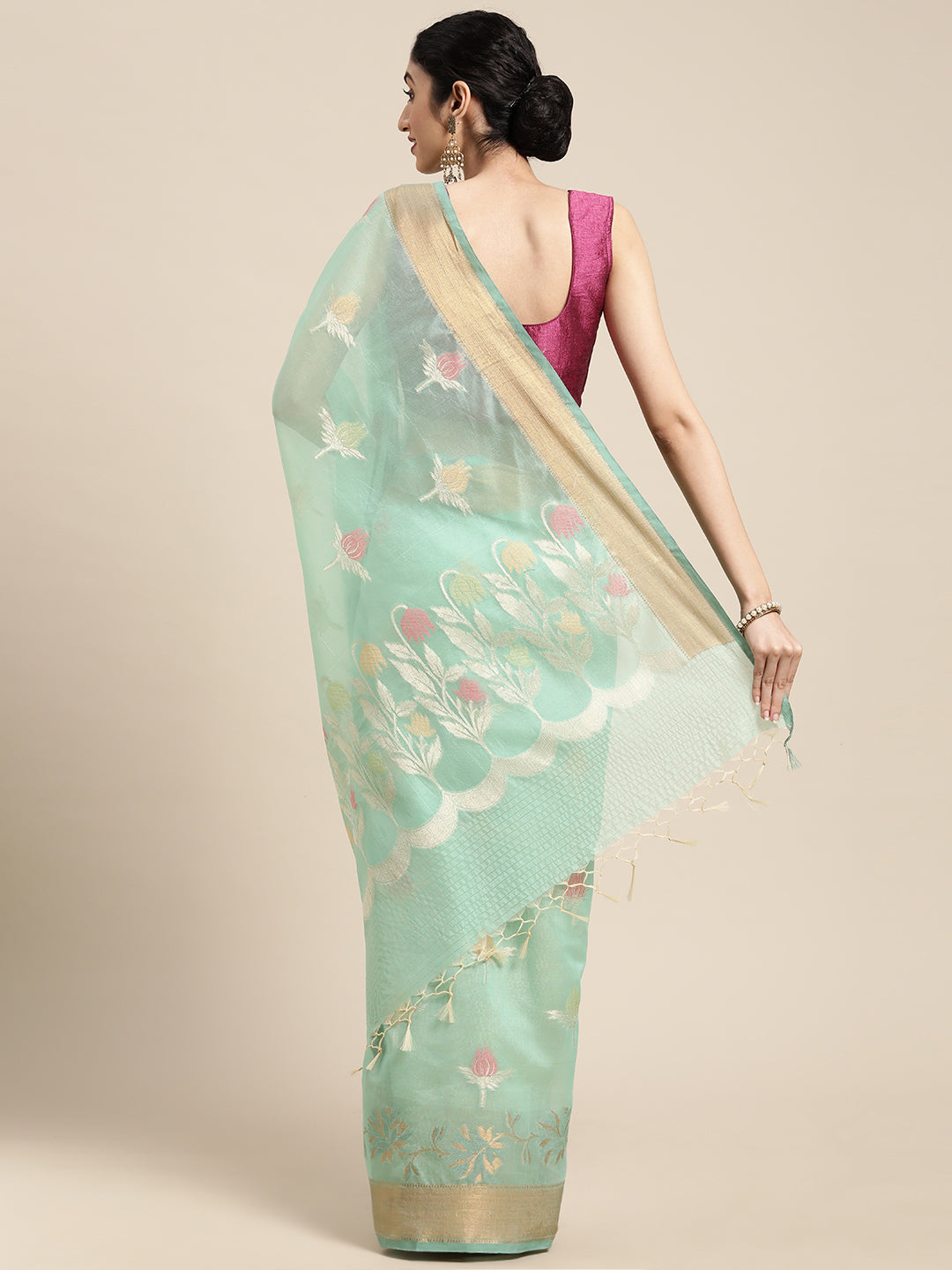 Faishana Presents Seagreen Masrise Cotton Tilfi Boota Alfi Skirt Border Banarasi Saree With Sea green Blouse Banarasi Saree