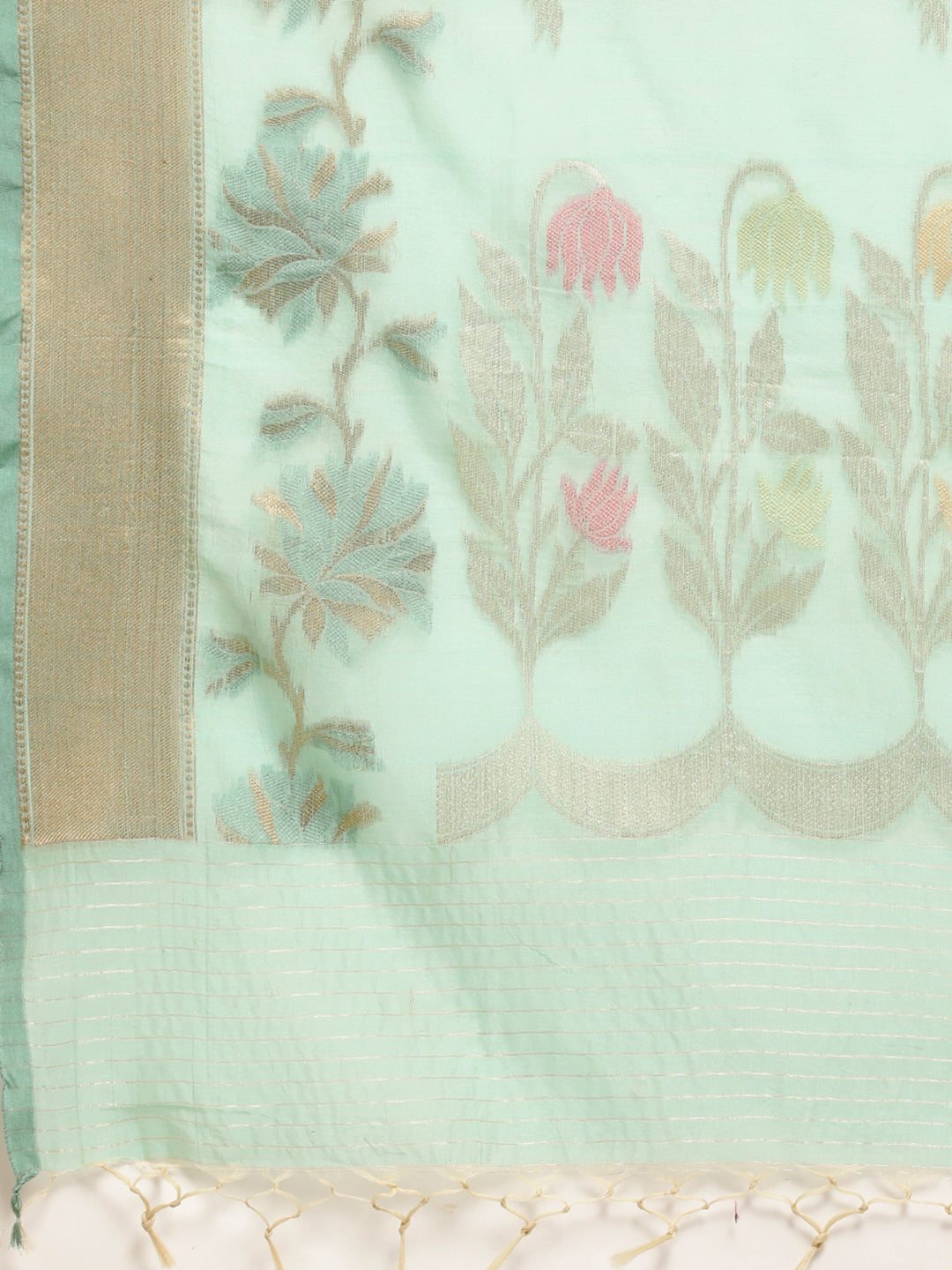 Faishana Presents Seagreen Masrise Cotton Tilfi Boota Alfi Skirt Border Banarasi Saree With Sea green Blouse Banarasi Saree