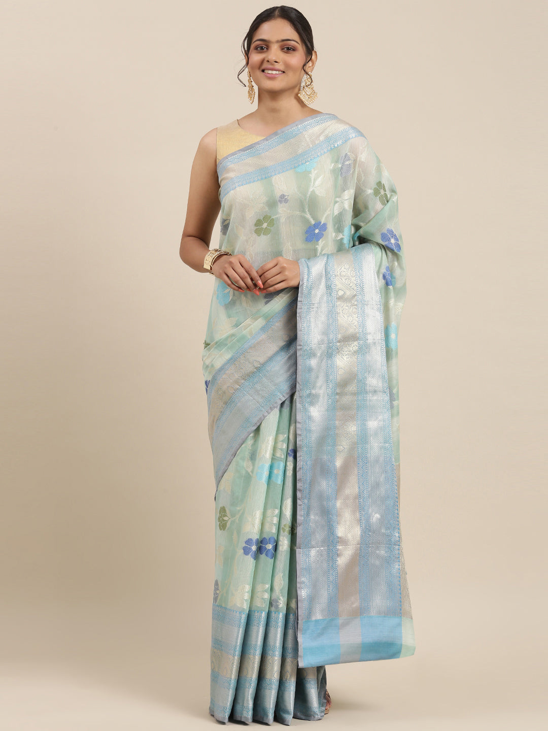 Faishana Presents Handwoven Torquoise Blue Matka Silk Tilfi Jaal Skirt Border With Grey Blouse Banarasi Saree