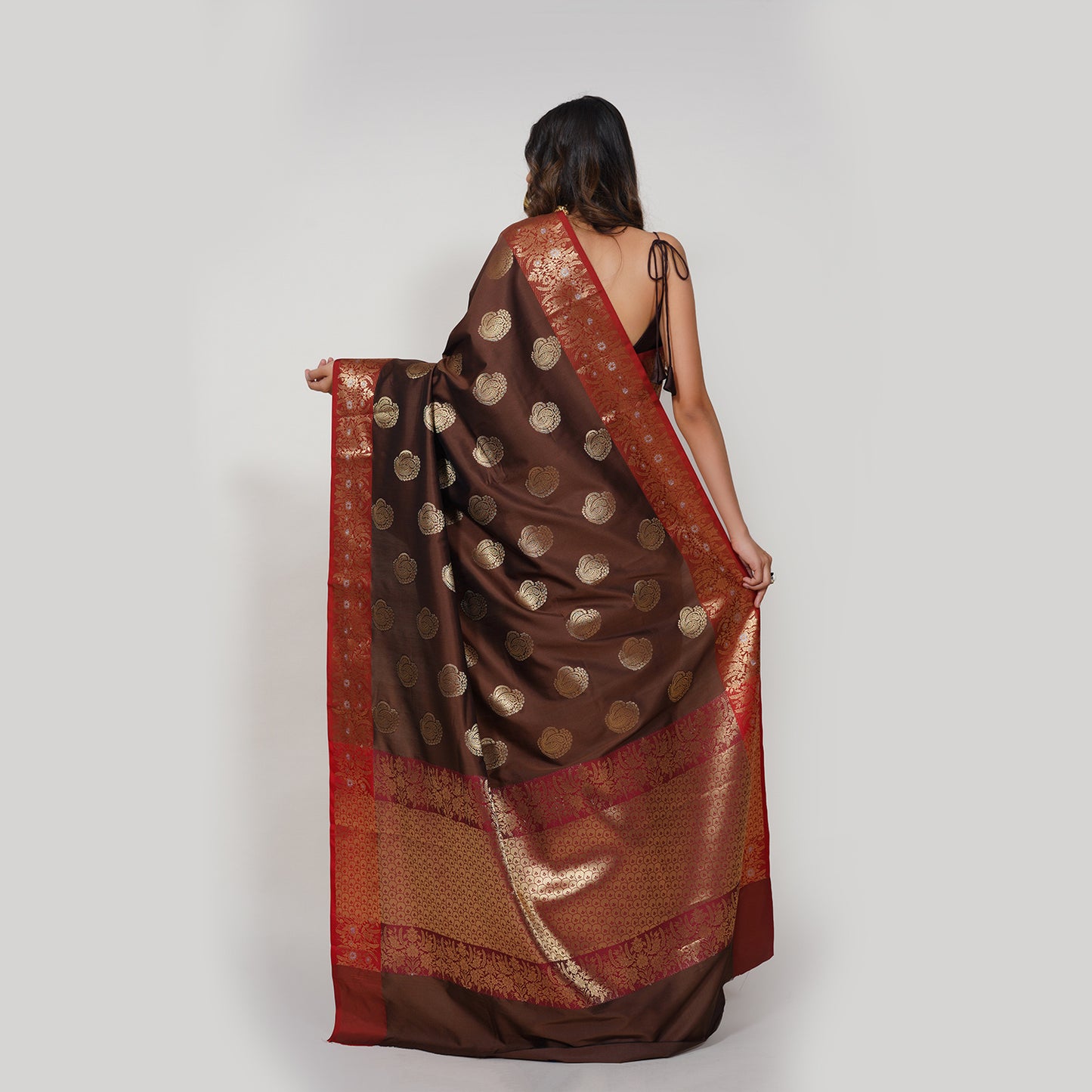 Faishana Presents Light Brown Katan Silk Woven Gold Zari Silver Meena Border Handloom Banarasi Saree With Maroon Blouse Piece