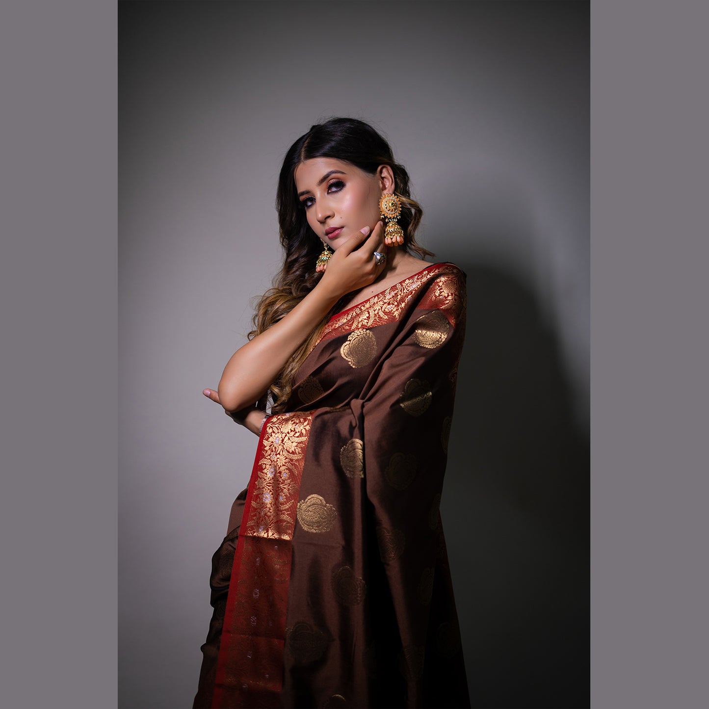 Faishana Presents Light Brown Katan Silk Woven Gold Zari Silver Meena Border Handloom Banarasi Saree With Maroon Blouse Piece