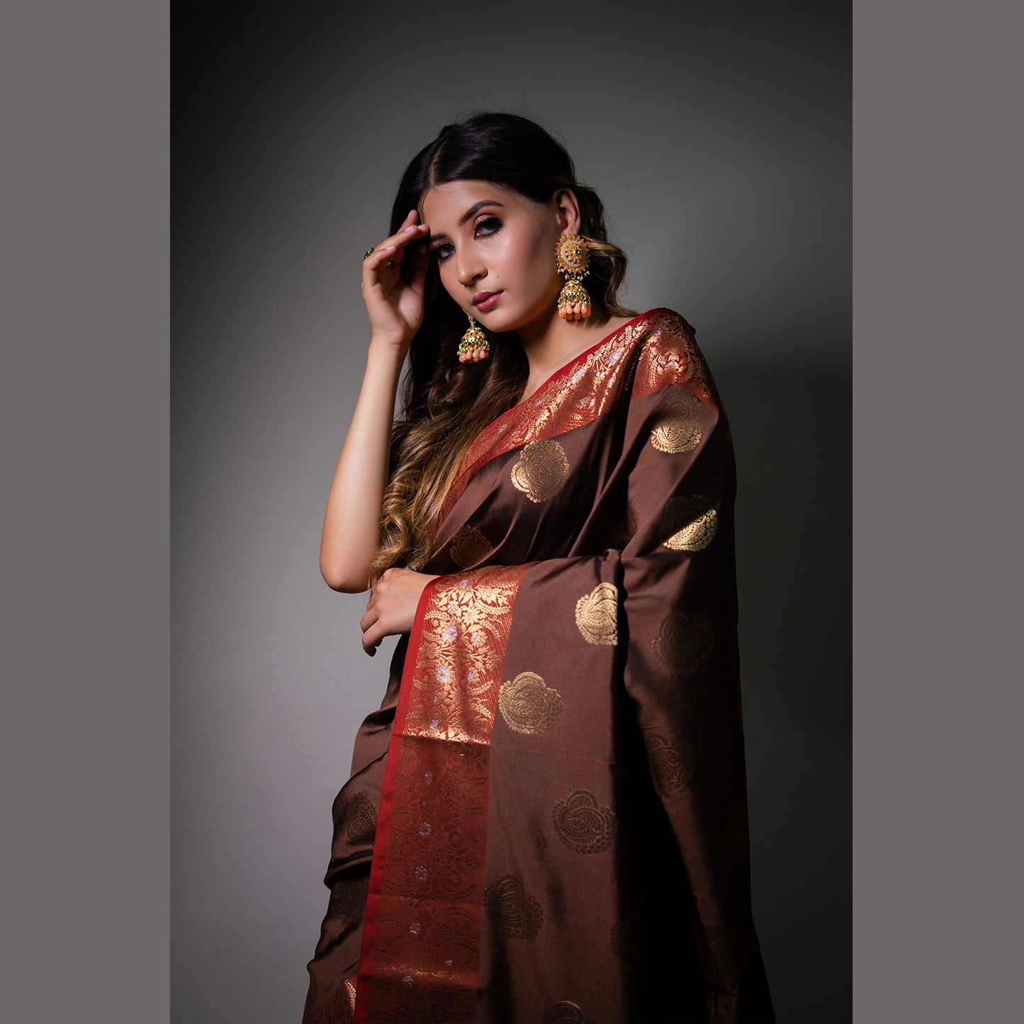 Faishana Presents Light Brown Katan Silk Woven Gold Zari Silver Meena Border Handloom Banarasi Saree With Maroon Blouse Piece