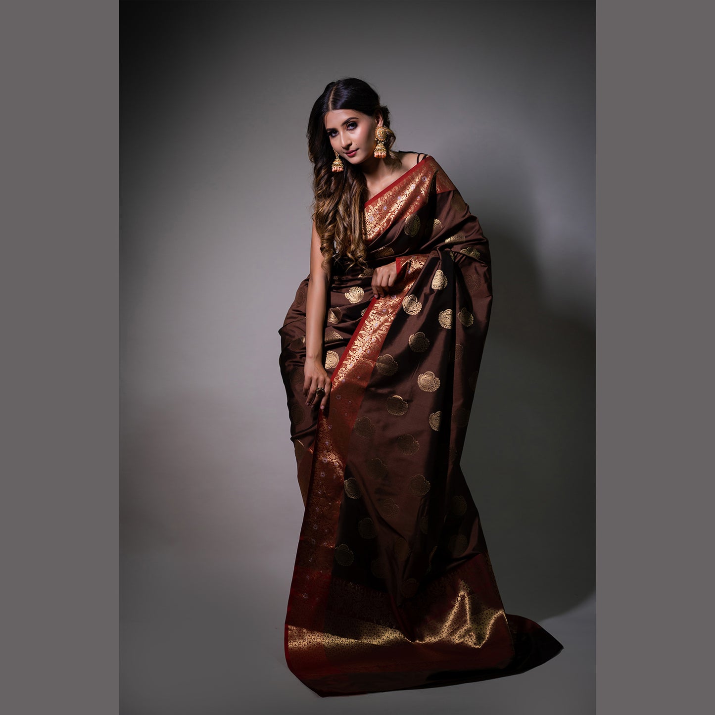 Faishana Presents Light Brown Katan Silk Woven Gold Zari Silver Meena Border Handloom Banarasi Saree With Maroon Blouse Piece
