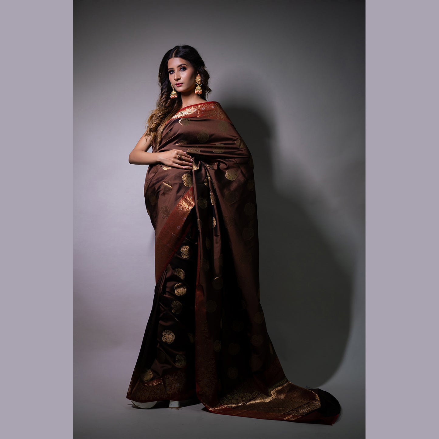 Faishana Presents Light Brown Katan Silk Woven Gold Zari Silver Meena Border Handloom Banarasi Saree With Maroon Blouse Piece
