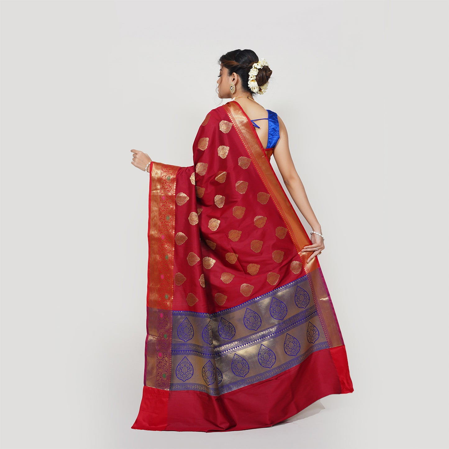 Faishana Presents Light Maroon Katan Silk Woven Gold Zari Meena Border Handloom Banarasi Saree With Indigo Blue Blouse Piece