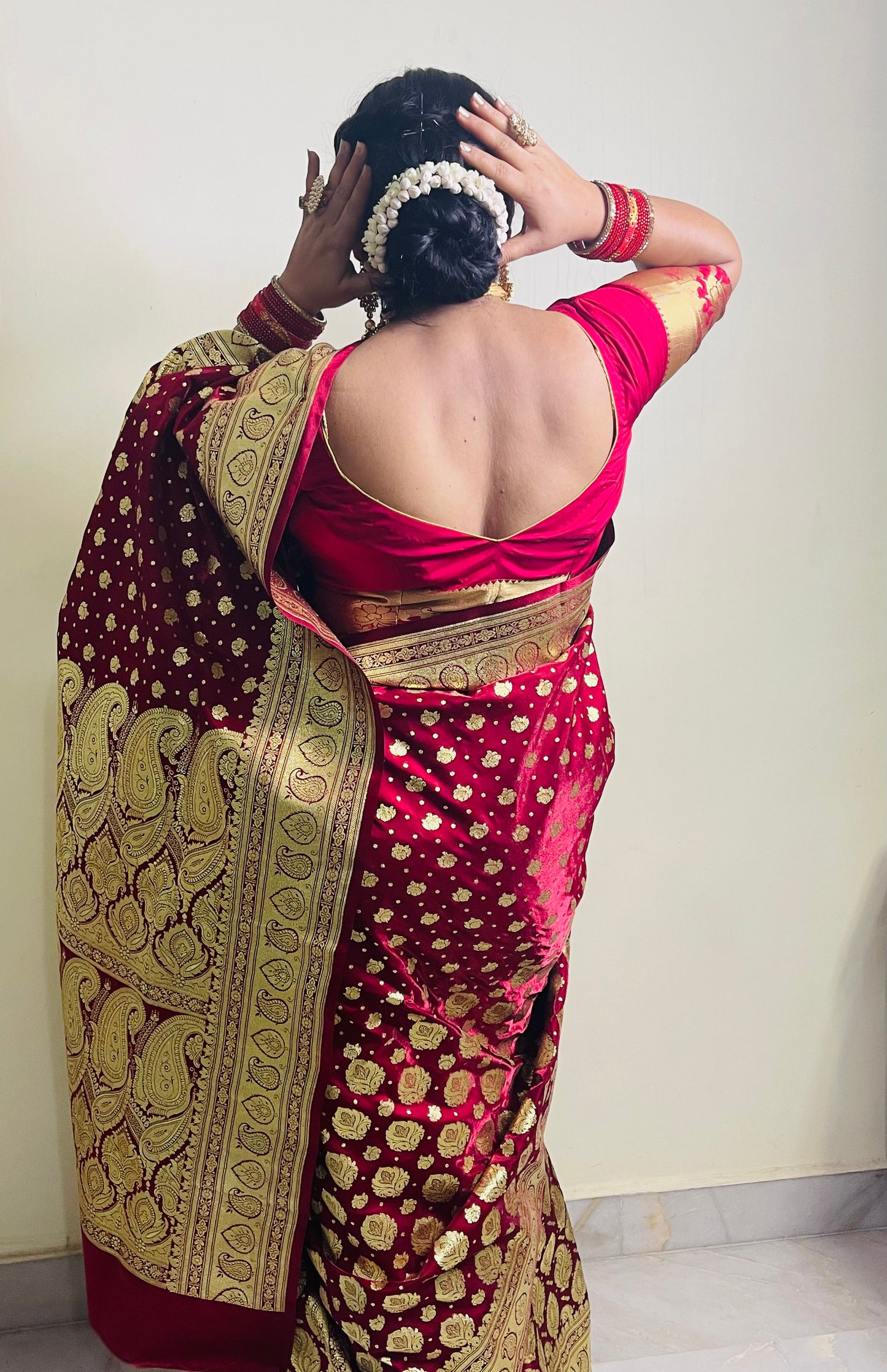 Faishana Presents Maroon Satin Silk Half Half Patli Zari Booti Saree With Maroon Blouse Piece