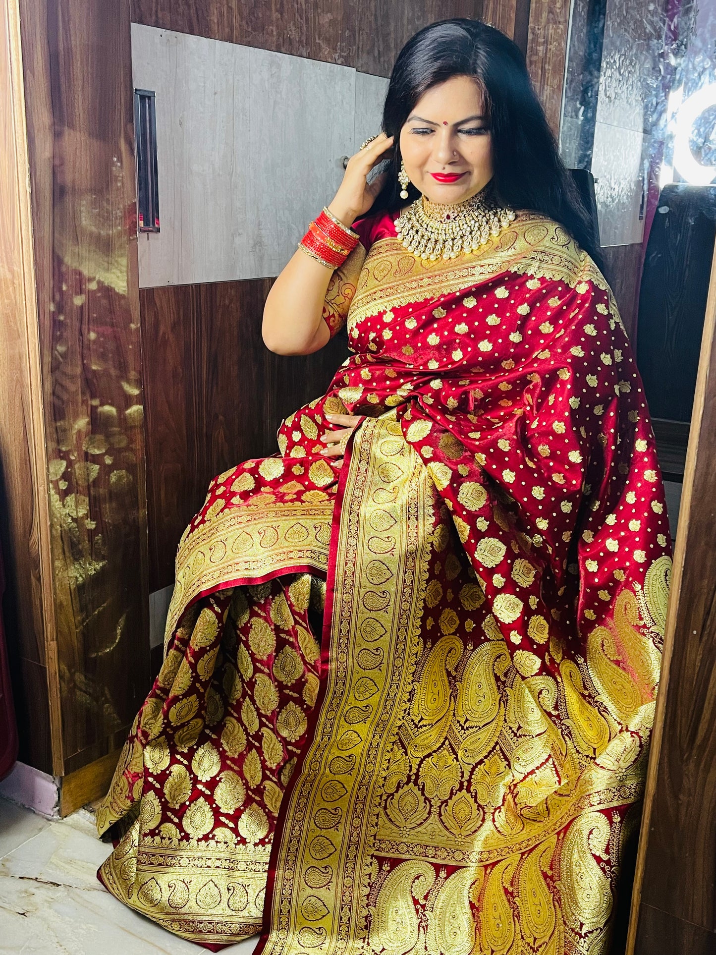 Faishana Presents Maroon Satin Silk Half Half Patli Zari Booti Saree With Maroon Blouse Piece
