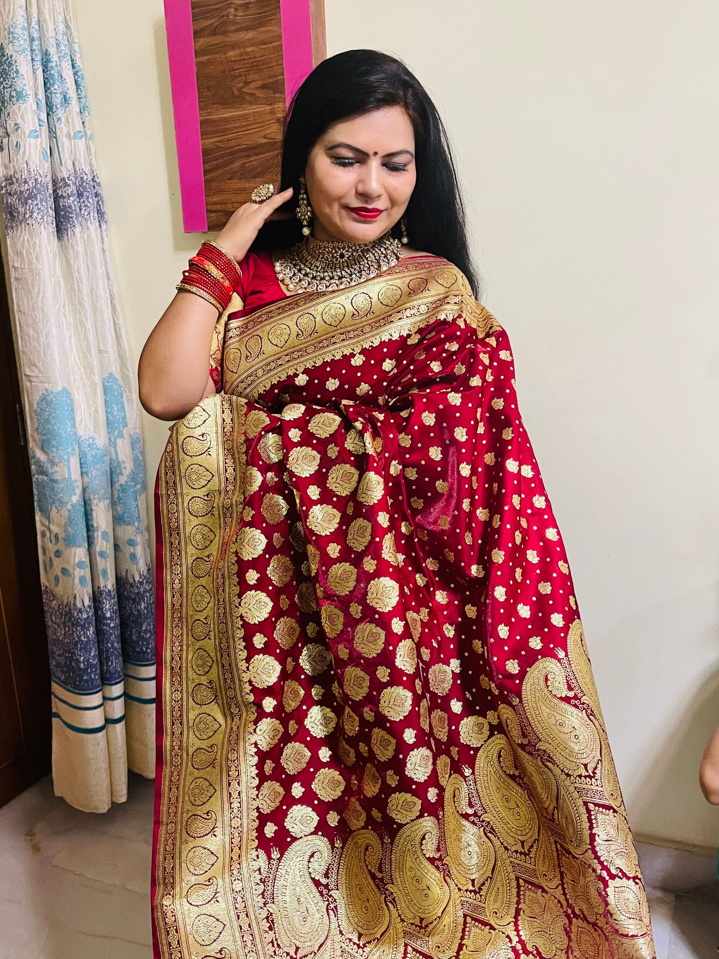Faishana Presents Maroon Satin Silk Half Half Patli Zari Booti Saree With Maroon Blouse Piece