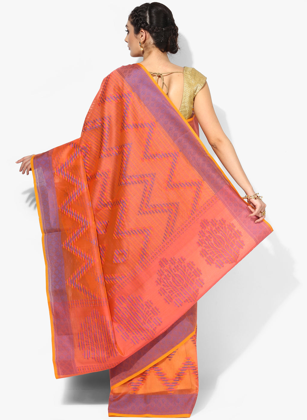 Faishana Presents Is Orange Resham Brocade Contrast Blue Zari Pattu Border Banarasi Saree