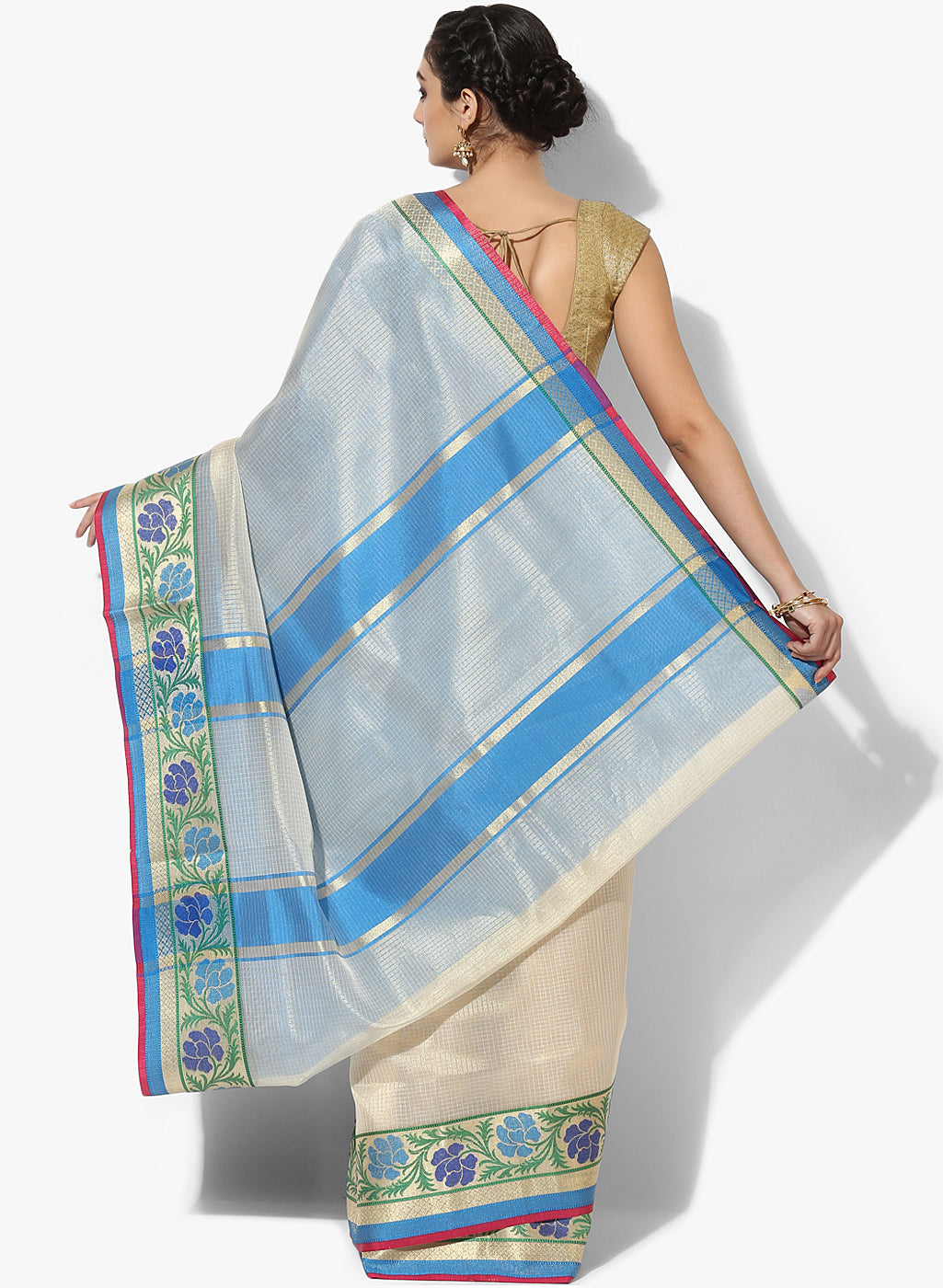 Faishana Presents Beige Resham Zari Stripe Brocade Contrast Blue Floral Zari Border Banarasi Saree