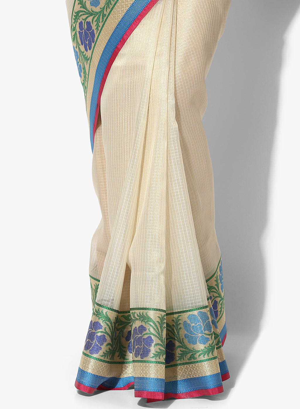 Faishana Presents Beige Resham Zari Stripe Brocade Contrast Blue Floral Zari Border Banarasi Saree