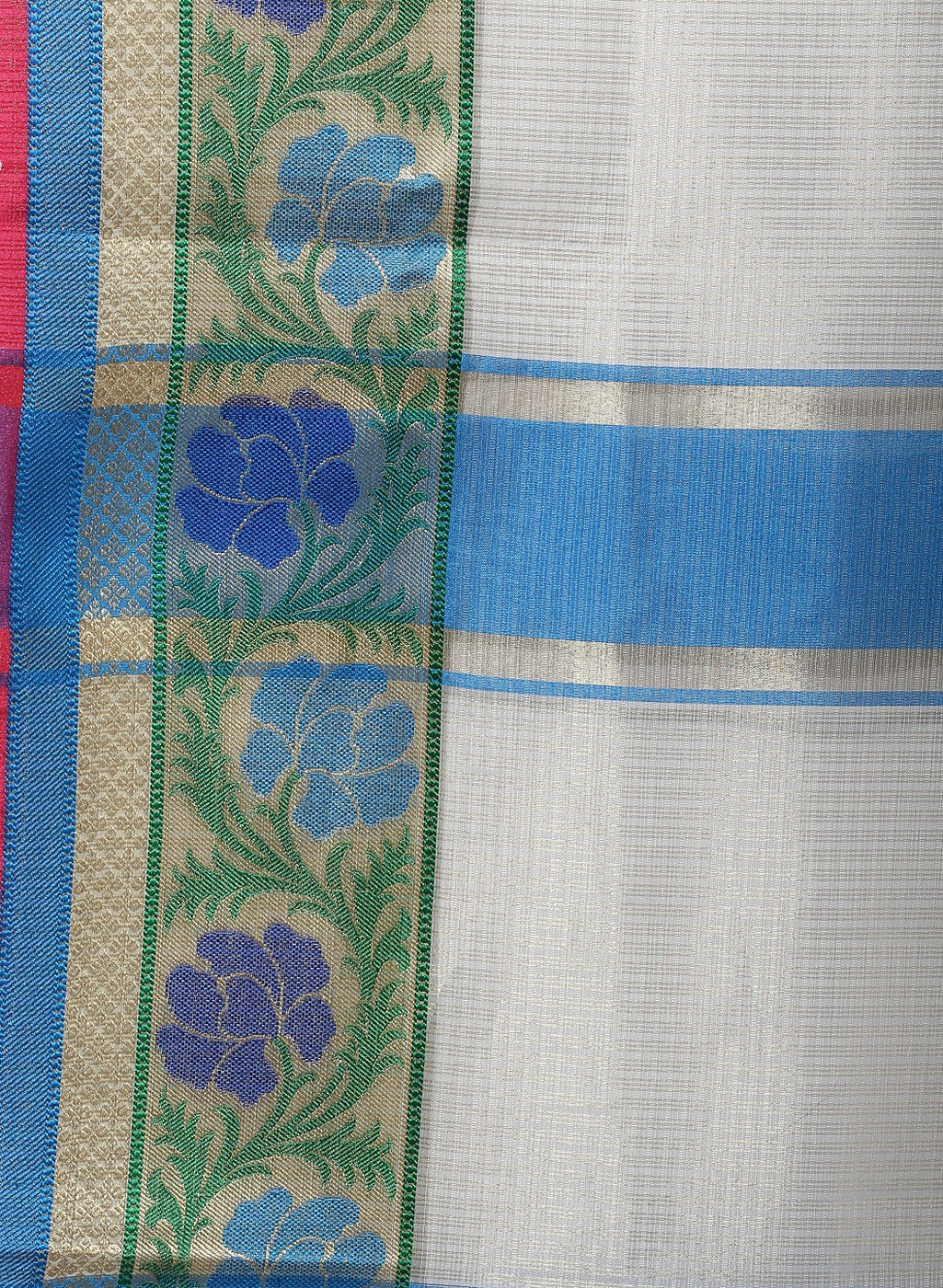 Faishana Presents Beige Resham Zari Stripe Brocade Contrast Blue Floral Zari Border Banarasi Saree