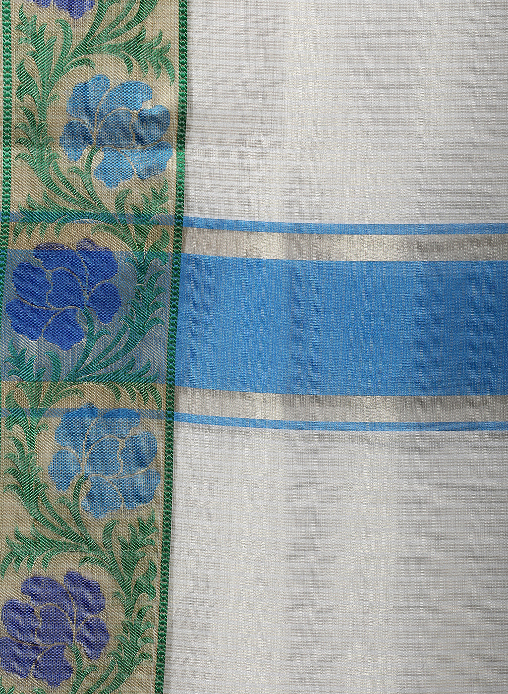 Faishana Presents Beige Resham Zari Stripe Brocade Contrast Blue Floral Zari Border Banarasi Saree
