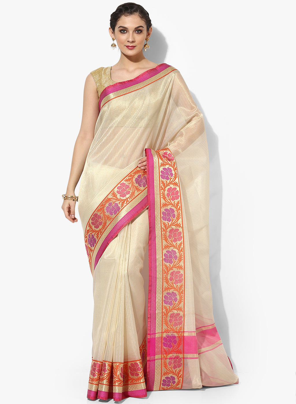 Faishana Presents Is Beige Resham Brocade Contrast Blue Zari Pattu Border Banarasi Saree.
