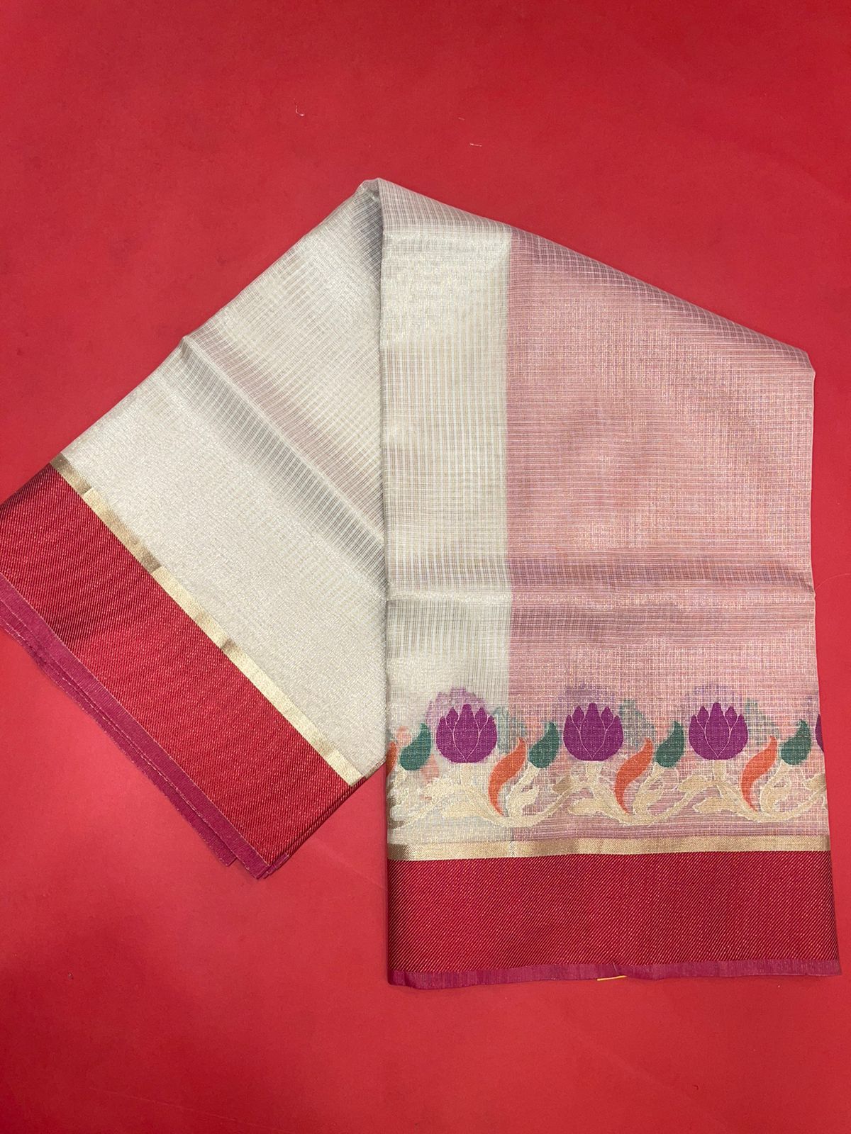 Faishana Presents Is Beige Resham Brocade Contrast Blue Zari Pattu Border Banarasi Saree.