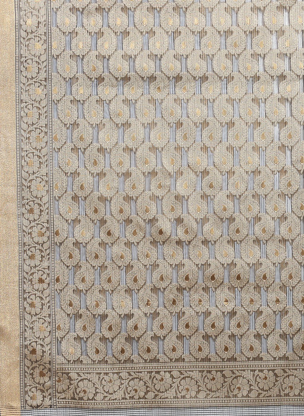 Faishana Presents Is Grey Resham Brocade Contrast Blue Zari Pattu Border Banarasi Saree.