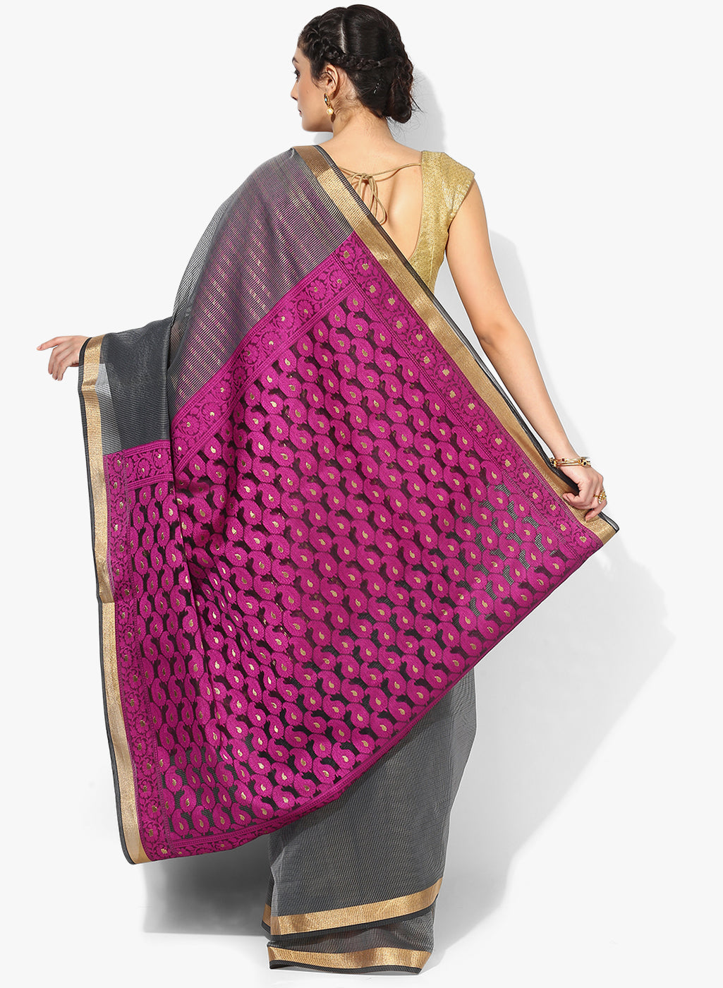 Faishana Presents Is Grey Resham Brocade Contrast Blue Zari Pattu Border Banarasi Saree.