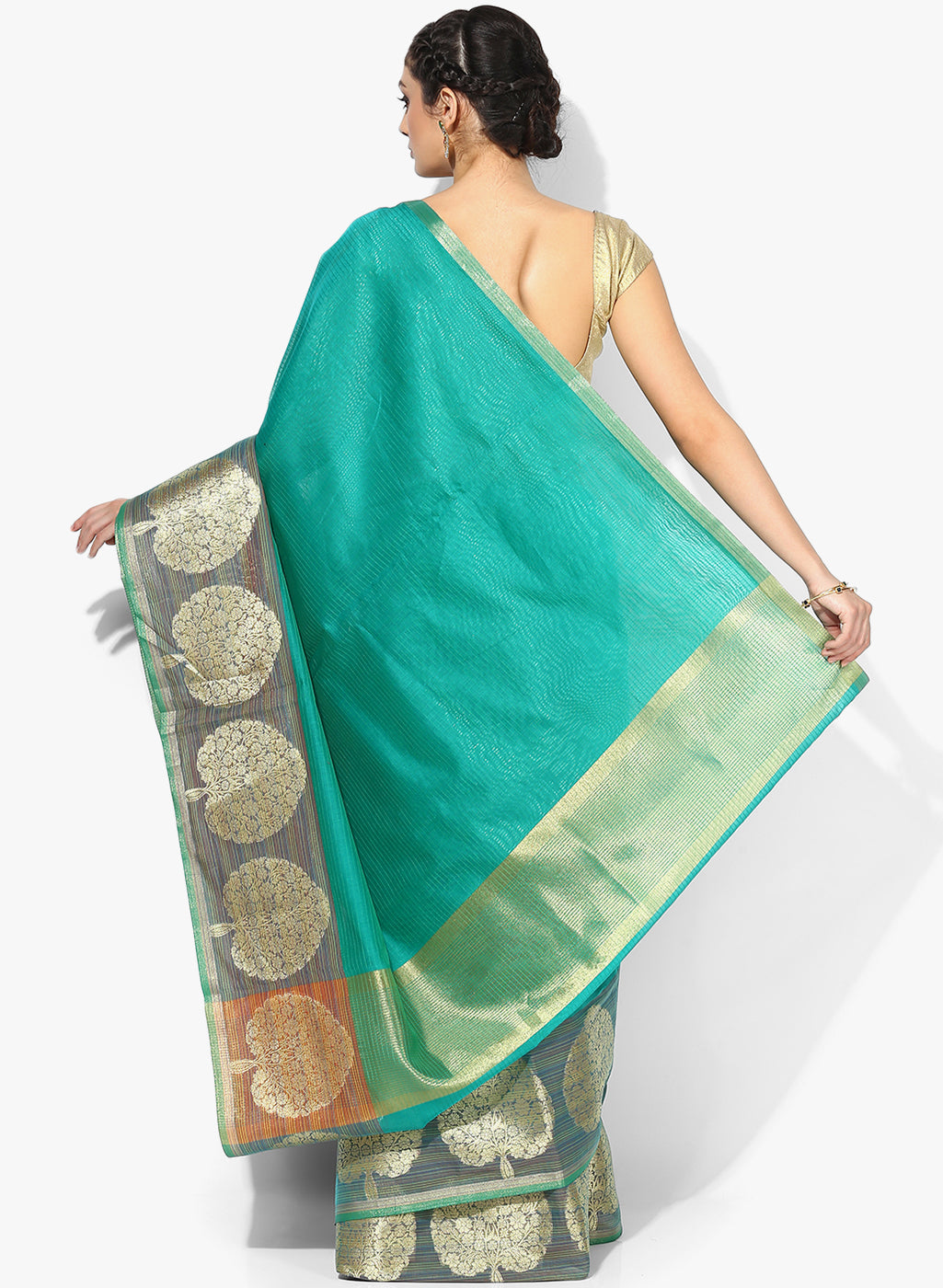Faishana Presents Is Green Resham Brocade Contrast Blue Zari Pattu Border Banarasi Saree.