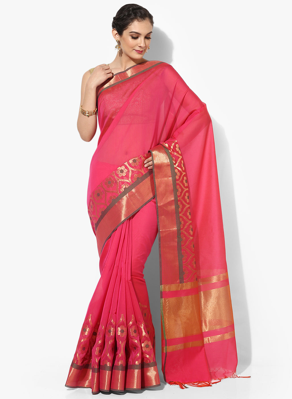 Faishana Presents Pink Plain Skirt Floral Zari Mina Boder Banarasi saree with Pink Blouse