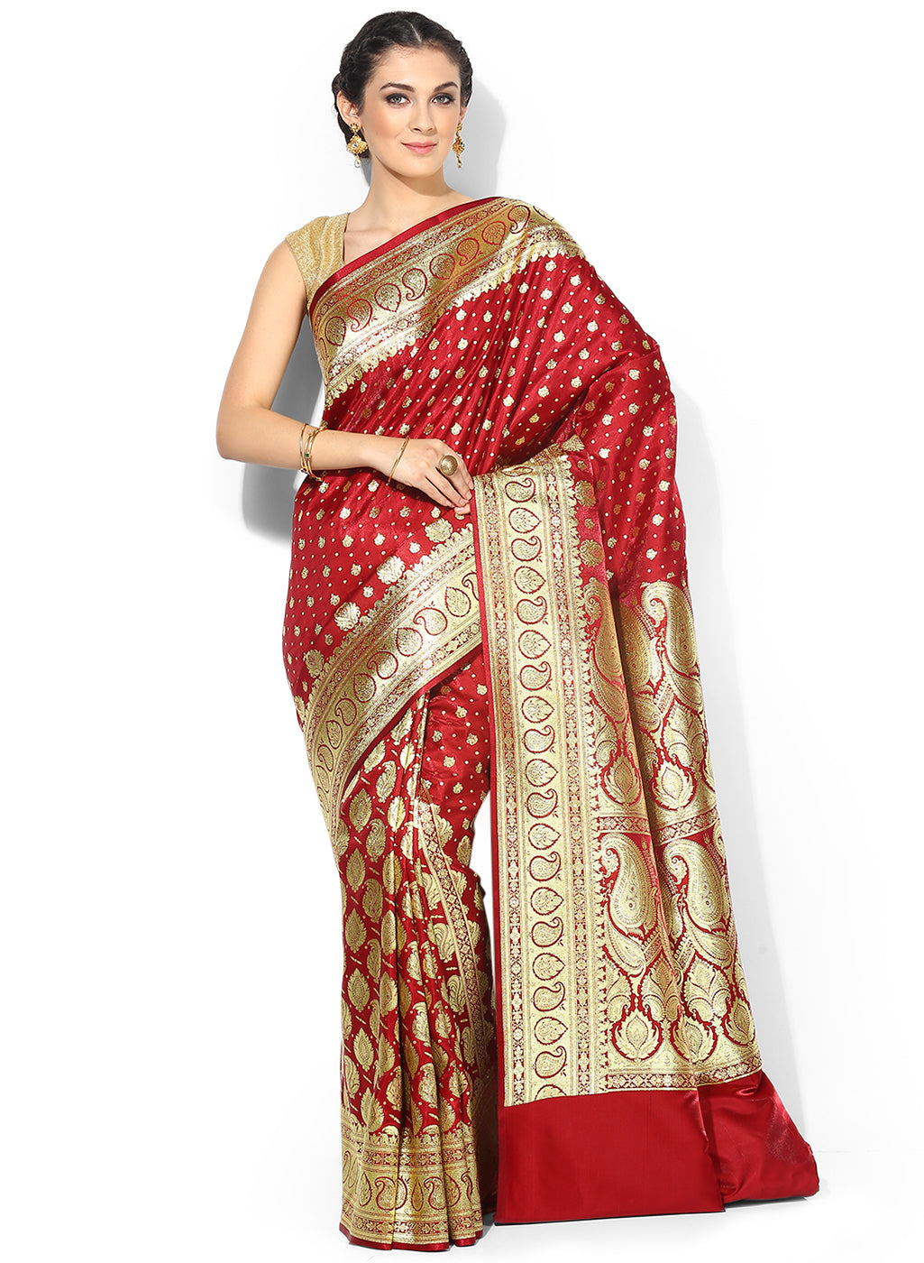 Faishana Presents Is Maroon Satin Banarasi Saree.