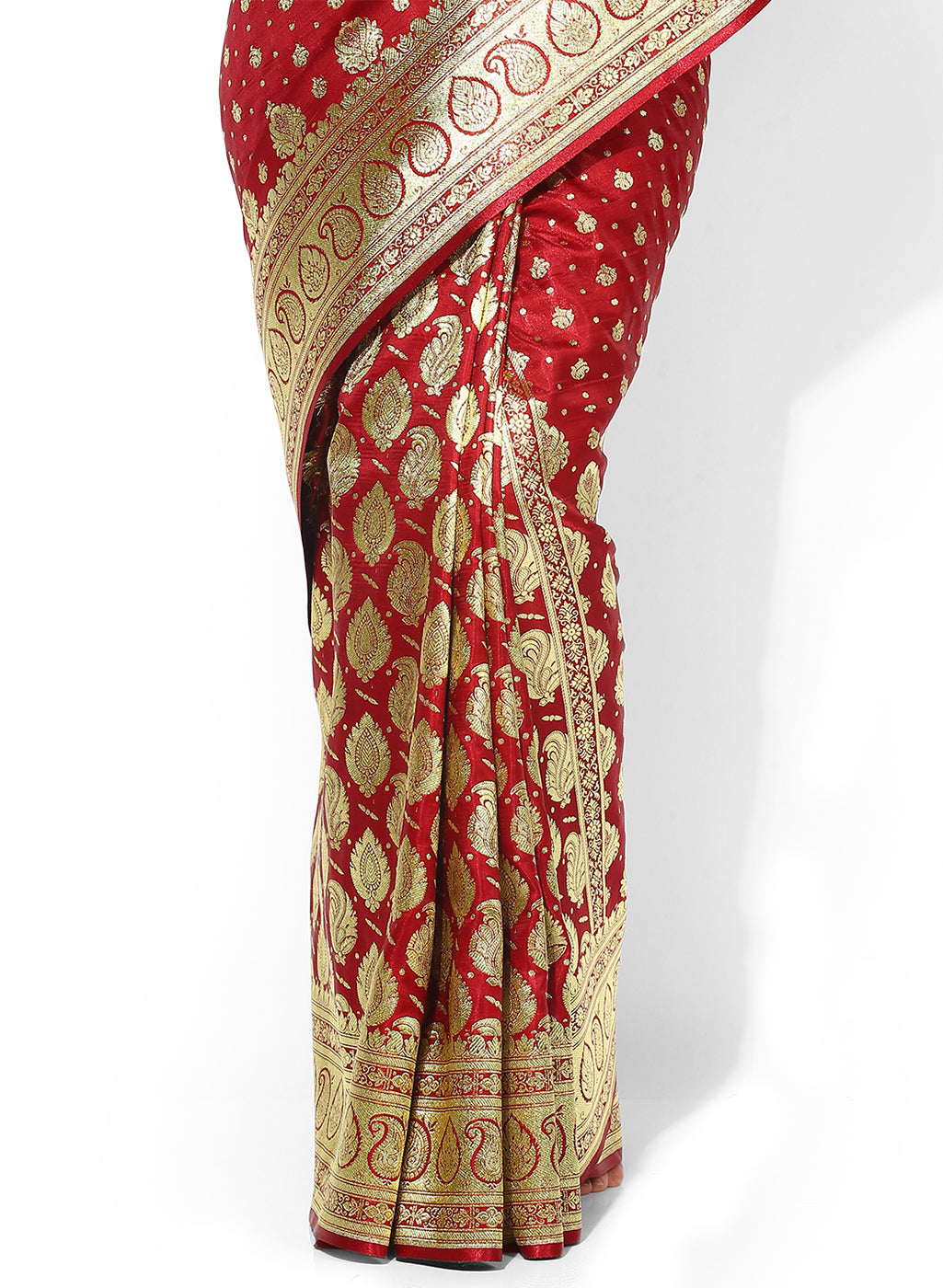 Faishana Presents Is Maroon Satin Banarasi Saree.