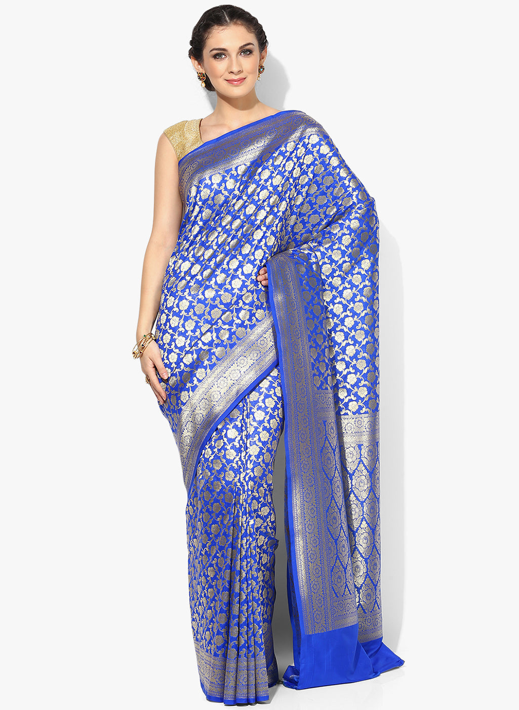 Faishana Presents Blue Satin Silk Zari Jaal Banarasi Border with Matching Blue Blouse Saree