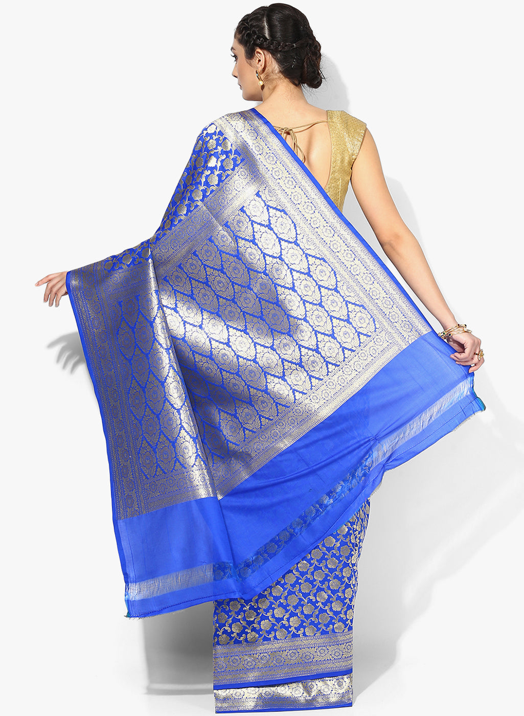 Faishana Presents Blue Satin Silk Zari Jaal Banarasi Border with Matching Blue Blouse Saree