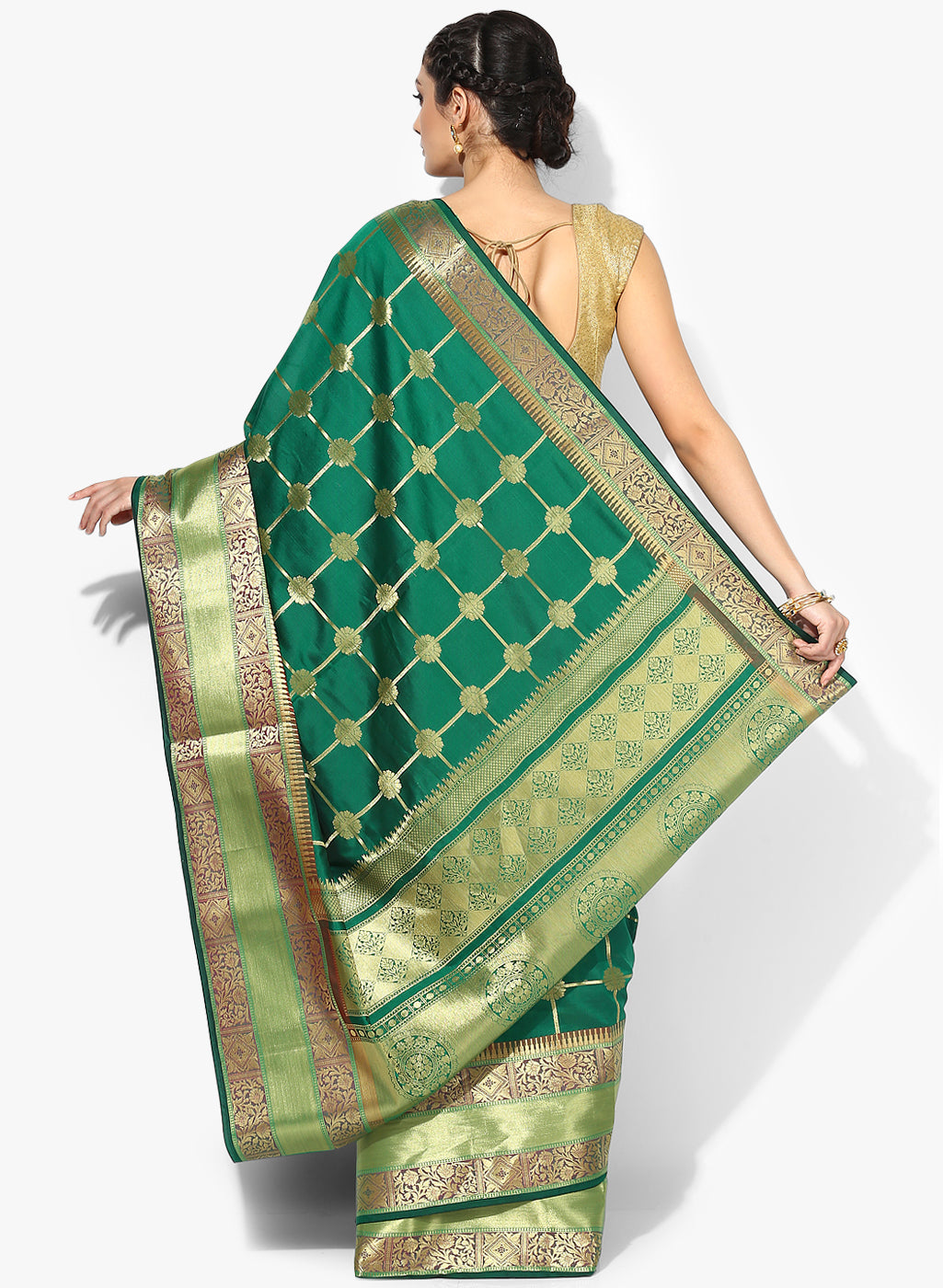 Faishana Presents Green Satin Silk Floral Zari Stripe Checkered Banarasi Saree