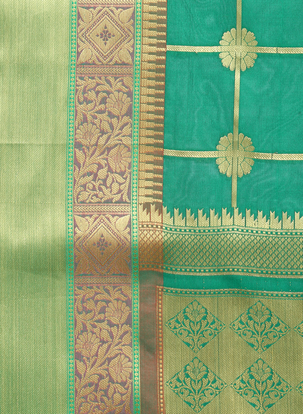 Faishana Presents Green Satin Silk Floral Zari Stripe Checkered Banarasi Saree