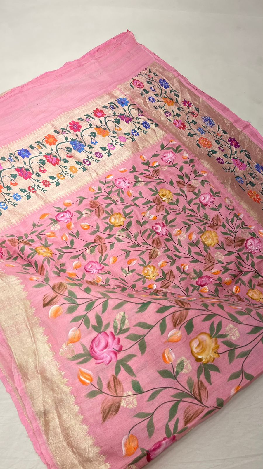 Faishana Presents Pure Handloom Pink Tussar Silk Floral Hand Brush Painted with Paithani Border Saree