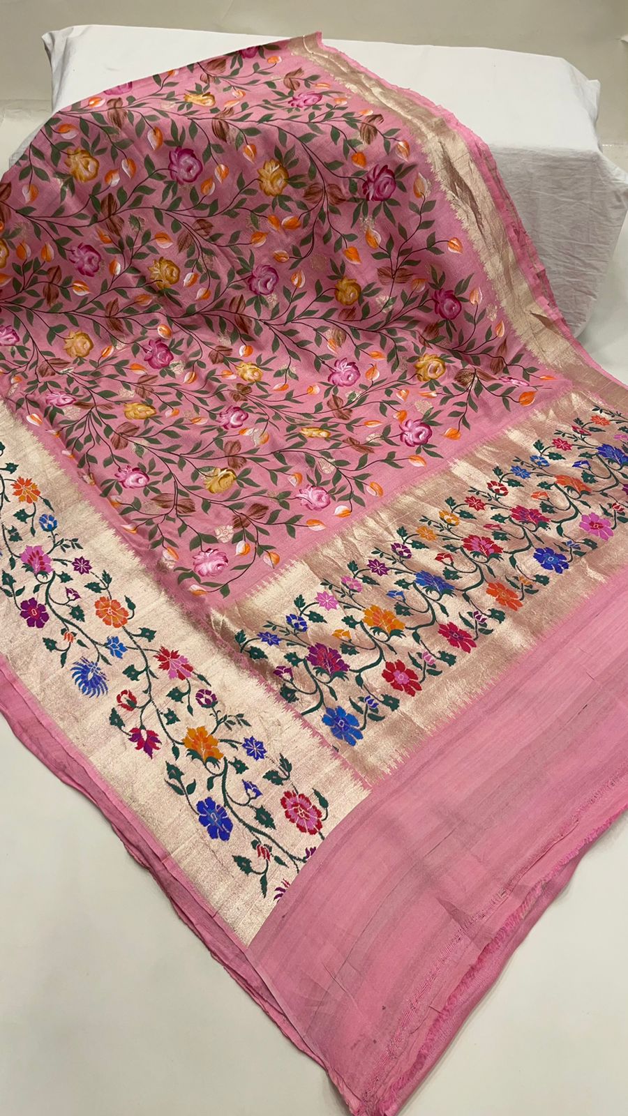 Faishana Presents Pure Handloom Pink Tussar Silk Floral Hand Brush Painted with Paithani Border Saree
