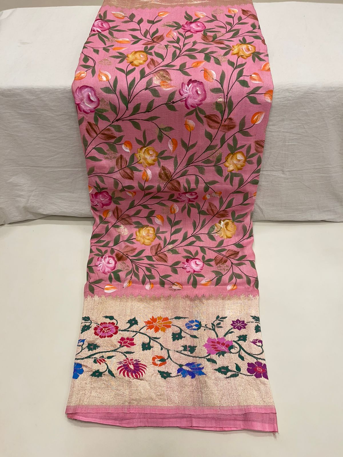 Faishana Presents Pure Handloom Pink Tussar Silk Floral Hand Brush Painted with Paithani Border Saree