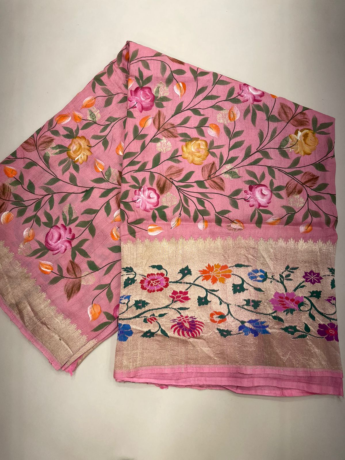 Faishana Presents Pure Handloom Pink Tussar Silk Floral Hand Brush Painted with Paithani Border Saree