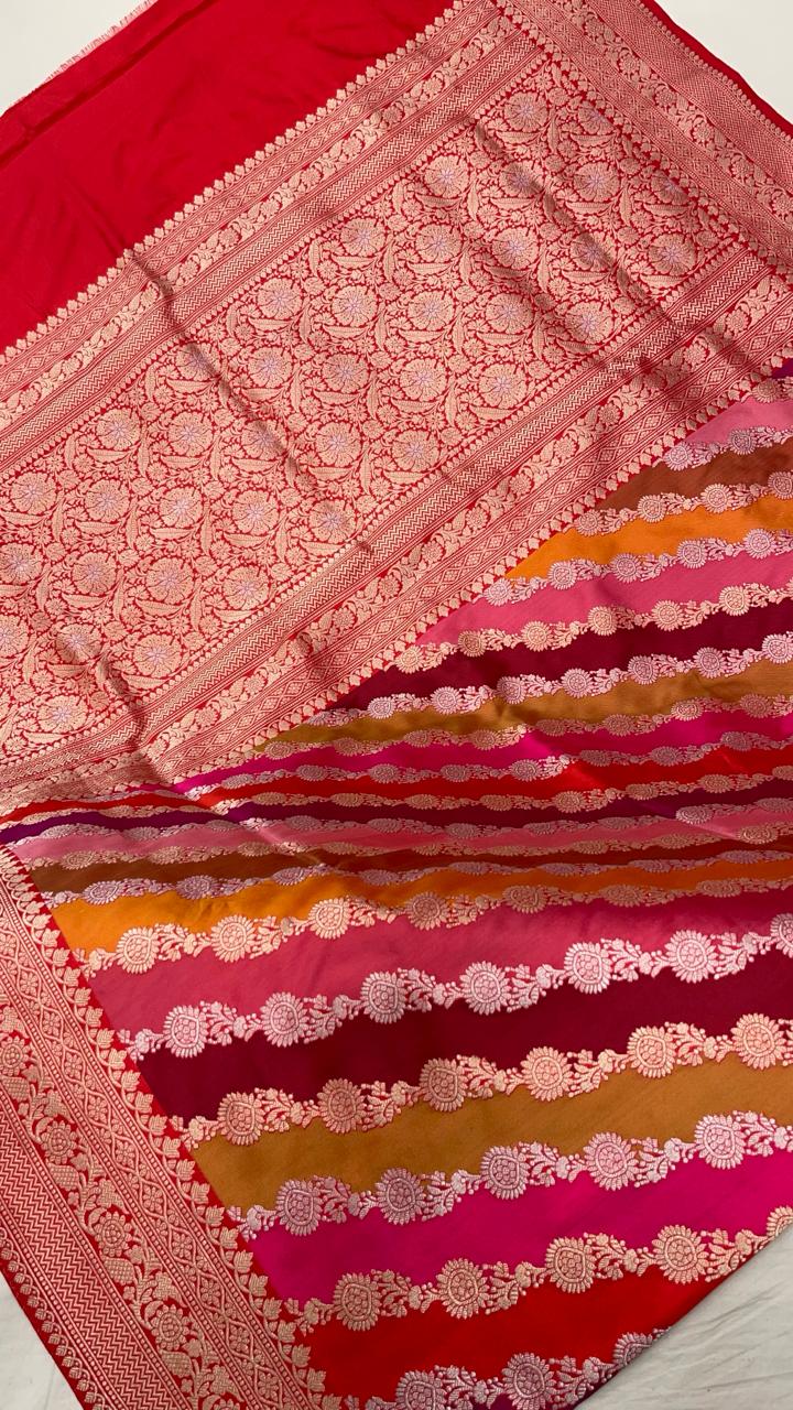 Faishana Presents Pure Silk Handloom Rangkaat Kadhwa Border and Anchal with Red Kadhwa Blouse Banarasi Saree