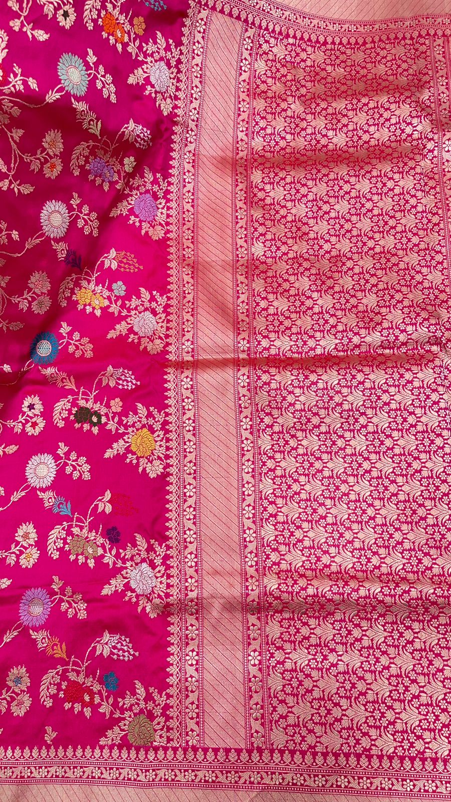 Timeless Elegance: Faishana Pure Handloom Katan Silk Pink Minakari Floral Jangla Jaal Booti with Kadhwa Stripe Blouse